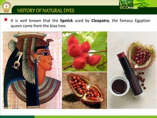 HISTORY OF NATURALDYES
 It is well known that the lipstick used by Cleopatra, the famous Egyptian
queen came from the bixa tree.
 