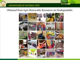 ADVANTAGESOF NATURALDYES
Obtained from Agro Renewable Resources are biodegradable.
 