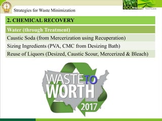 2. CHEMICAL RECOVERY
Water (through Treatment)
Caustic Soda (from Mercerization using Recuperation)
Sizing Ingredients (PVA, CMC from Desizing Bath)
Reuse of Liquors (Desized, Caustic Scour, Mercerized & Bleach)
Strategies for Waste Minimization
 