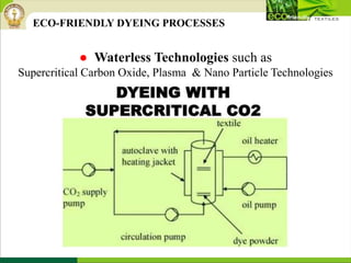 ECO-FRIENDLY DYEING PROCESSES
● Waterless Technologies such as
Supercritical Carbon Oxide, Plasma & Nano Particle Technologies
 