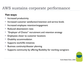 AWS sustains corporate performance Ten ways: Increased productivity Increased customer satisfaction/retention and service levels Increased employee retention/engagement Reduced absenteeism rates “ Employer of Choice” recruitment and retention strategy Employees closer to customer locations Disability accommodation Supports work/life initiatives Business continuity/disaster planning  Supports community by offering flexibility for working caregivers ©Life Meets Work, 2009 