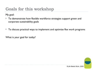 Goals for this workshop My goal: To demonstrate how flexible workforce strategies support green and corporate sustainability goals To discuss practical ways to implement and optimize flex work programs  What is your goal for today? ©Life Meets Work, 2009 