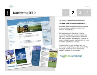 Por4olio	
  

Northwest	
  SEED	
  
Logo Design / Collateral Materials Development

The	
  New	
  Look	
  of	
  Community	
  Energy	
  
Northwest SEED needed help developing a suite
of communications products to make their
outreach more effective.
With a wide portfolio of projects, including
community wind project development, campus
organizing, technical/educational publications,
and policy advocacy, Northwest SEED needed to
ensure that each product was tailored to be most
accessible to a different audience.
Ecofusion drew on their familiarity with the
commercial, non-profit and public sectors of the
industry to produce audience-appropriate
outreach materials for each project.

 