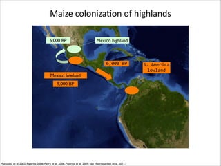 Maize	
  colonizaRon	
  of	
  highlands
6,000 BP

Mexico highland

6,000	
  BP
Mexico lowland
9,000 BP

Matsuoka et al. 2002; Piperno 2006; Perry et al. 2006; Piperno et al. 2009; van Heerwaarden et al. 2011;

S.	
  America	
  
lowland

 