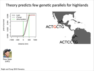 0.004

truth
2*s/var
cline location

0.002

ACTGCTG

0.000

prob of survival

0.006

Theory	
  predicts	
  few	
  geneRc	
  parallels	
  for	
  highlands

−1000

−500

0

500

distance (km)

Peter Ralph	

(USC)

Ralph and Coop 2010 Genetics

1000

ACTCCTG

 