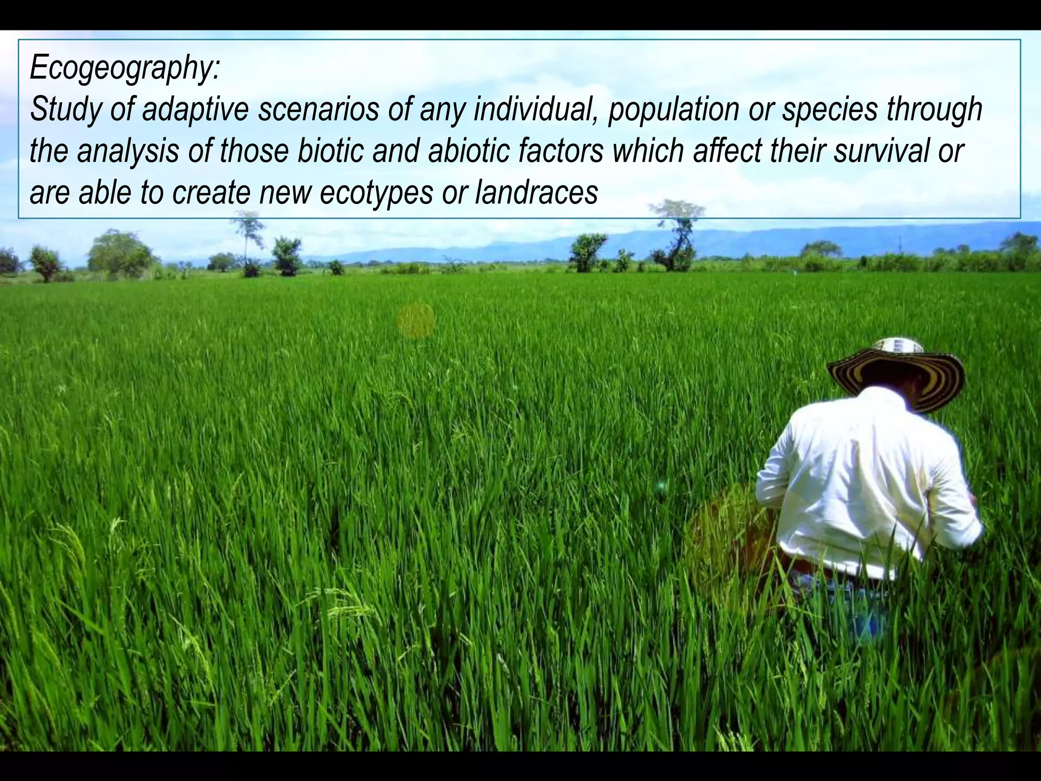 Ecogeography:
Study of adaptive scenarios of any individual, population or species through
the analysis of those biotic and abiotic factors which affect their survival or
are able to create new ecotypes or landraces
 