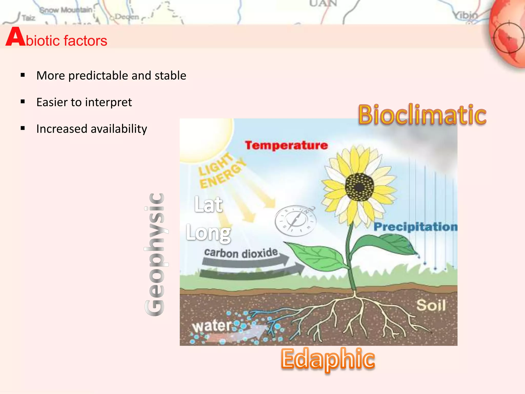 Abiotic factors
   More predictable and stable

   Easier to interpret

   Increased availability
 