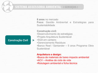 8 anos no mercado
                              Foco: Gestão Ambiental e Estratégias para
                              Sustentabilidade

                              Construção civil:
                              • Desenvolvimento de estratégias
                              • Projeto Arquitetura Sustentável
Construção	
  Civil	
     >   • SGA em canteiro
                              • Gerenciamento Resíduos
                              • Banco Real / Santander – 5 anos Programa Obra
                              Sustentável

                              Arquitetura e design:
                              • Busca de materiais de baixo impacto ambiental
                              • ACV – Análise de ciclo de vida
                              • Rotulagem ambiental e ficha técnica
 