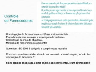 Controle
de Fornecedores


Homologação de fornecedores – critérios socioambientais
Procedimento para entregas e estocagem de materiais
Contratação de mão de obra local.
Materiais de menor impacto ambiental

Quem tem ISO 9001 é obrigado a cumprir estes requisito

Como a construtora vai dar atenção ao manuseio e a estocagem, se não tem
informação do fabricante ?

Ficha técnica associada a uma análise socioambiental, é um diferencial!!!
 