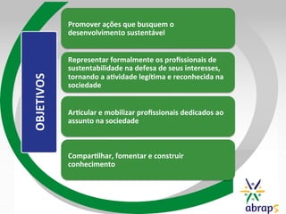 Promover	
  ações	
  que	
  busquem	
  o	
  
                                   desenvolvimento	
  sustentável	
  


                                   Representar	
  formalmente	
  os	
  proﬁssionais	
  de	
  
                                   sustentabilidade	
  na	
  defesa	
  de	
  seus	
  interesses,	
  	
  
OBJETIVOS	
  

                                   tornando	
  a	
  a=vidade	
  legí=ma	
  e	
  reconhecida	
  na	
  
                                   sociedade	
  


                                   Ar=cular	
  e	
  mobilizar	
  proﬁssionais	
  dedicados	
  ao	
  
	
  	
  	
  	
  	
  	
  	
  	
  




                                   assunto	
  na	
  sociedade	
  



                                   Compar=lhar,	
  fomentar	
  e	
  construir	
  
                                   conhecimento	
  
 