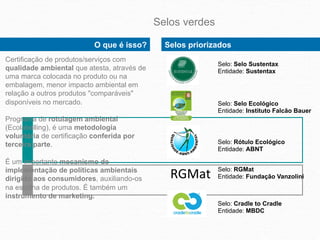 Selos verdes

                           O que é isso?       Selos priorizados
Certificação de produtos/serviços com
                                                            Selo: Selo Sustentax
qualidade ambiental que atesta, através de                  Entidade: Sustentax
uma marca colocada no produto ou na
embalagem, menor impacto ambiental em
relação a outros produtos "comparáveis"
disponíveis no mercado.                                     Selo: Selo Ecológico
                                                            Entidade: Instituto Falcão Bauer
Programa de rotulagem ambiental
(Ecolabelling), é uma metodologia
voluntária de certificação conferida por
terceira parte.                                             Selo: Rótulo Ecológico
                                                            Entidade: ABNT

É um importante mecanismo de
implementação de políticas ambientais
dirigido aos consumidores, auxiliando-os        RGMat	
     Selo: RGMat
                                                            Entidade: Fundação Vanzolini
na escolha de produtos. É também um
instrumento de marketing.
                                                            Selo: Cradle to Cradle
                                                            Entidade: MBDC
 