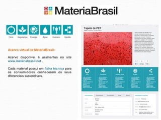 Acervo virtual da MateriaBrasil:

Acervo disponível à assinantes no site
www.materiabrasil.net .

Cada material possui um ficha técnica para
os consumidores conhecerem os seus
diferenciais sustentáveis.
 