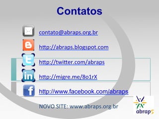Contatos
	
  
contato@abraps.org.br	
  
	
  
hYp://abraps.blogspot.com	
  
	
  
hYp://twiYer.com/abraps	
  
	
  
hYp://migre.me/8o1rX	
  

http://www.facebook.com/abraps
	
  
NOVO	
  SITE:	
  www.abraps.org.br	
  
 