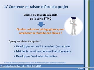 1/ Contexte et raison d’être du projet
Baisse du taux de réussite
de la série STMG
Quelles solutions pédagogiques pour
améliorer la réussite des élèves ?
Quelques pistes évoquées* :
 Développer le travail à la maison (autonomie)
 Maintenir un rythme de travail hebdomadaire
 Développer l’évaluation formative
#3/10
Projet « EcoGestNumEval » v1.1 – ND le 05/09/2017
(*) Pistes de réflexion (extraits) soumises par M. BONNET, IA-IPR, dans la lettre de rentrée 2016.
 