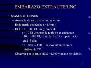 EMBARAZO EXTRAUTERINO
• SIGNOS UTERINOS
   – Ausencia de saco ovular intrauterino
   – Endometrio ecogénico (> 15mm)
   – HCG : > 1.000 UI , muy probable
          : < 10 UI , retraso de regla no es embarazo
          : 10 - 1.000 UI, controlar HCG y repetir ECO
           en 2- 3 días
          : > 1.00o -7.000 UI huevo intrauterino es
            visible vía TV.
   – Observar por lo tanto HCG >1.000 y huevo no visible .


                                                         25
 