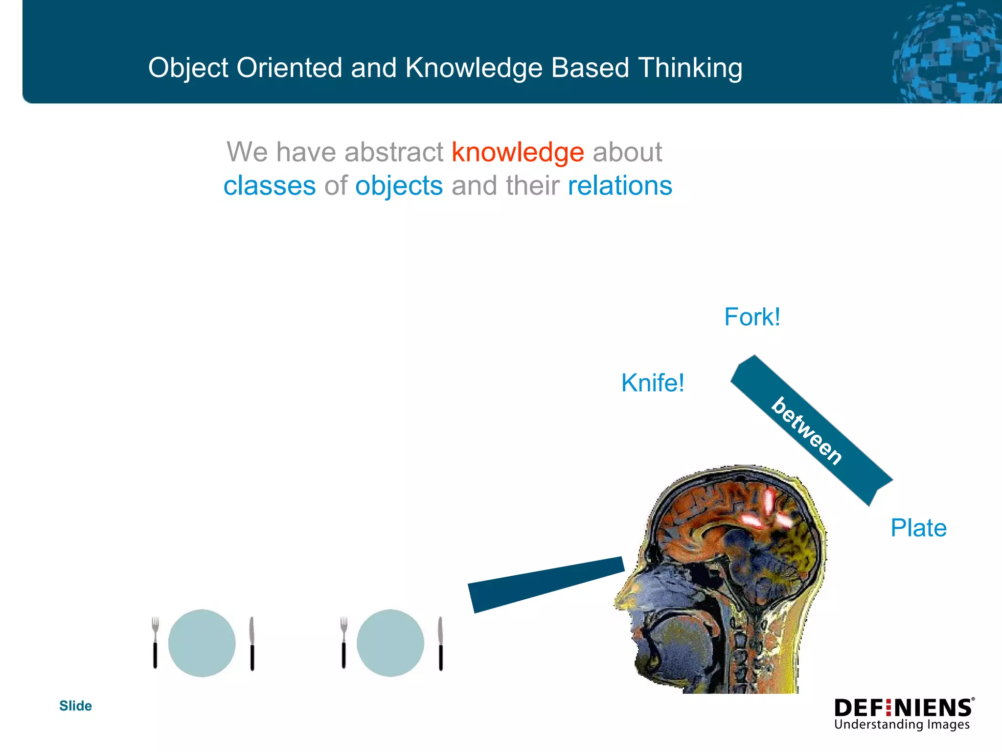 Object Oriented and Knowledge Based Thinking We have abstract  knowledge  about   classes  of  objects  and their  relations Fork! Knife! Plate between 
