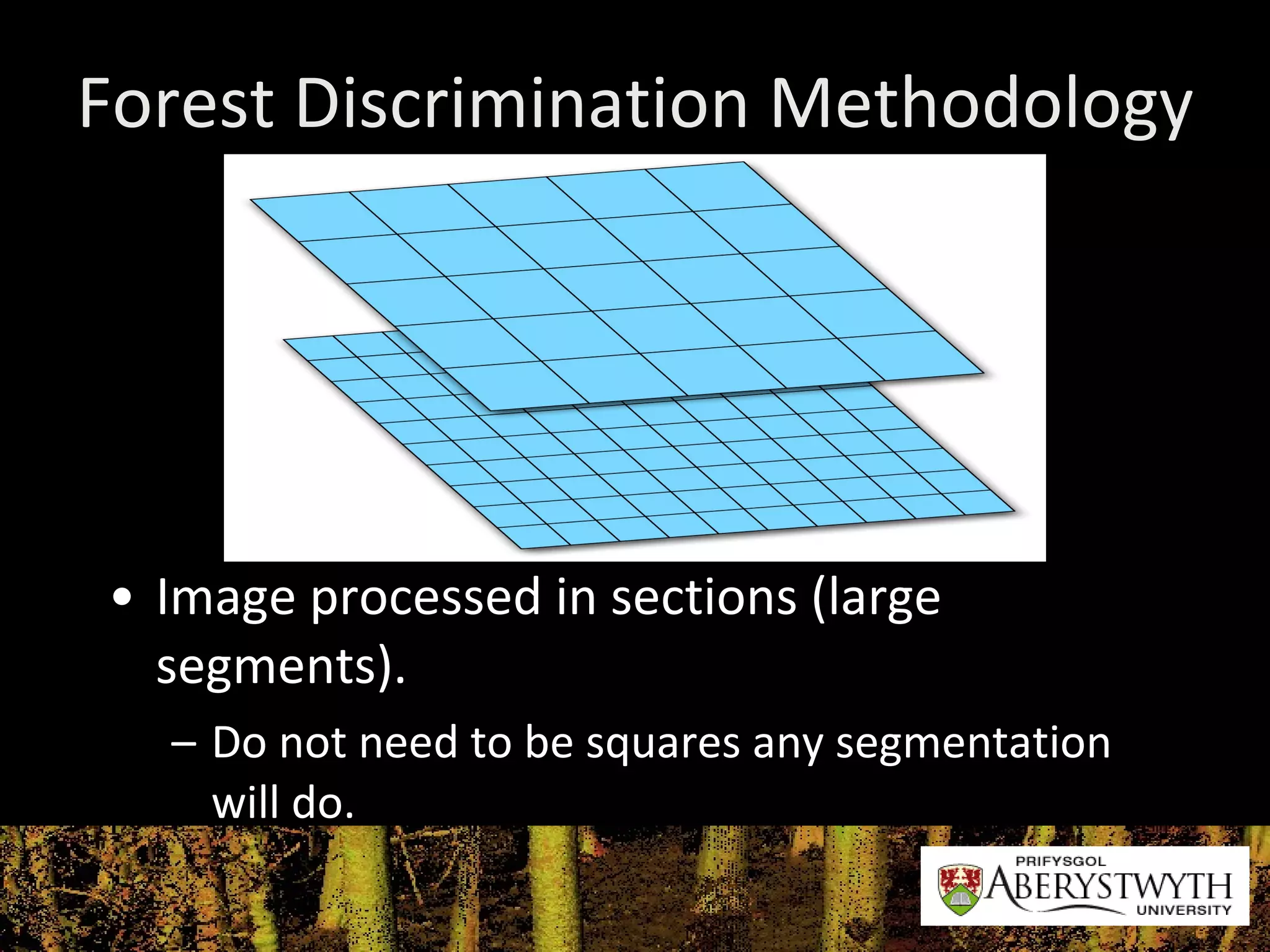 Forest Discrimination Methodology Image processed in sections (large segments). Do not need to be squares any segmentation will do. 
