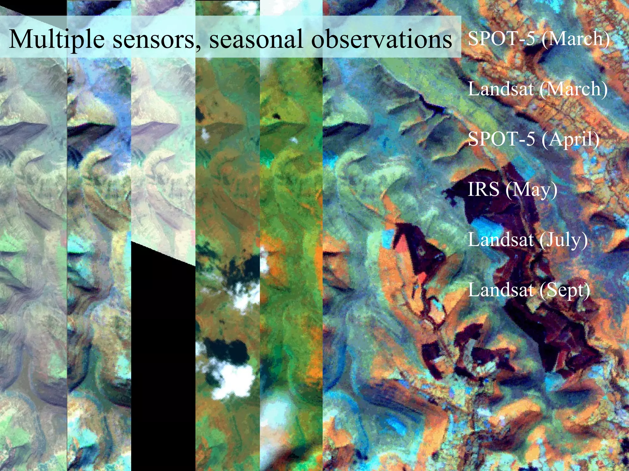 SPOT-5 (March) Landsat (March) SPOT-5 (April) IRS (May) Landsat (July) Landsat (Sept) Multiple sensors, seasonal observations 
