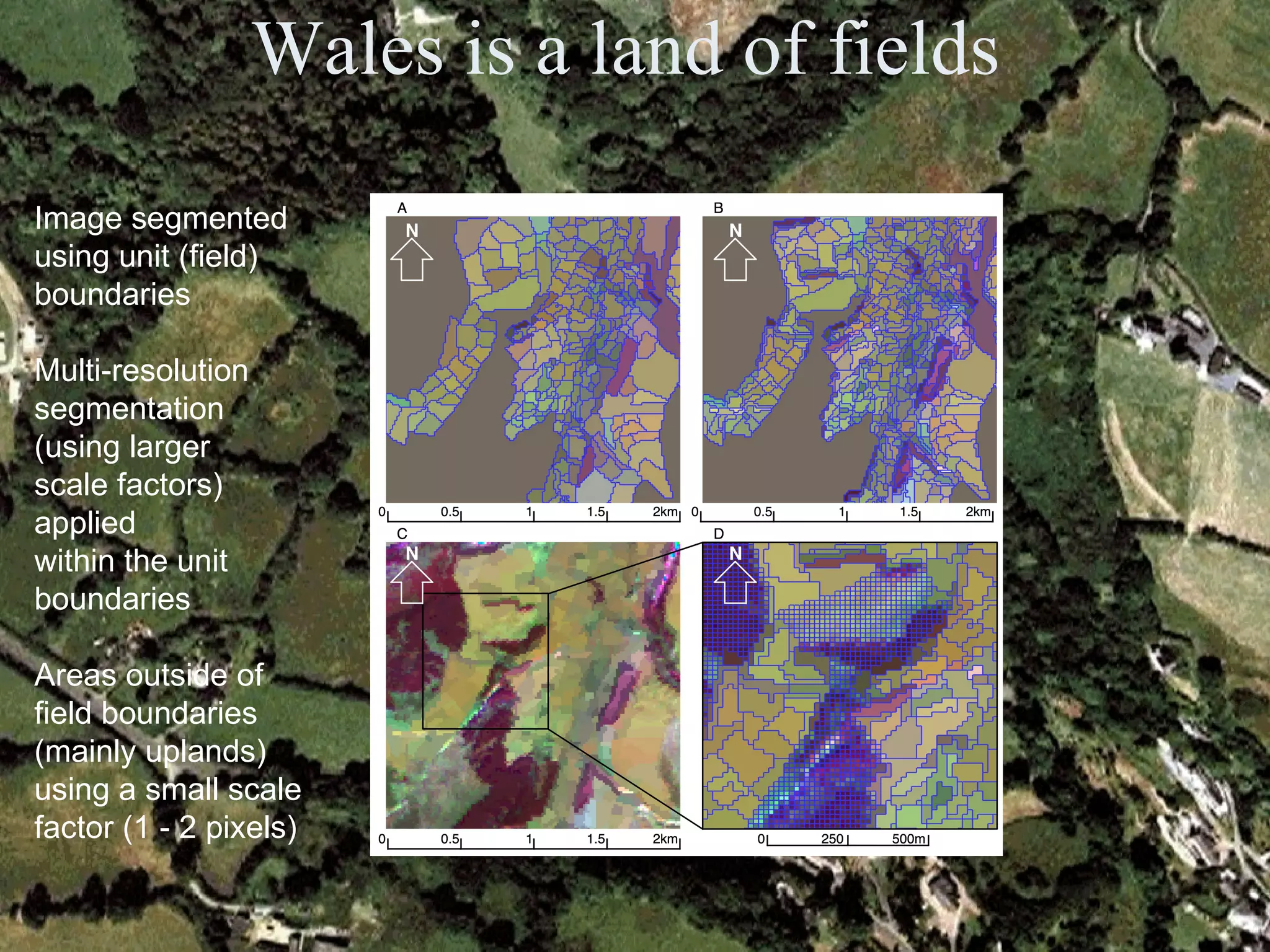 Wales is a land of fields  Image segmented  using unit (field)  boundaries Multi-resolution  segmentation  (using larger scale factors) applied within the unit  boundaries Areas outside of  field boundaries  (mainly uplands) using a small scale  factor (1 - 2 pixels)  