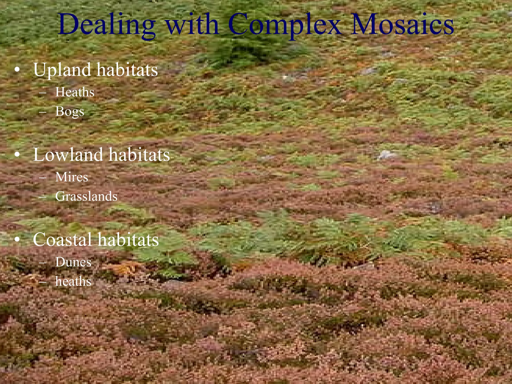 Dealing with Complex Mosaics Upland habitats Heaths Bogs Lowland habitats Mires Grasslands Coastal habitats Dunes heaths 