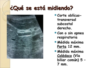 ¿Qué se está midiendo?¿Qué se está midiendo?
Corte oblícuo-
transversal
subcostal
derecho.
Con o sin apnea
respiratoria
Médida máxima
Porta 12 mm.
Médida máxima
Colédoco (Vía
biliar común) 5 –
7 mm.
 