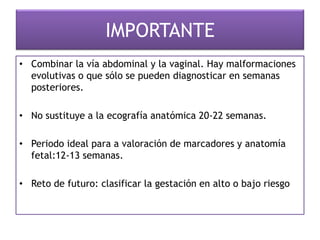 IMPORTANTE
• Combinar la vía abdominal y la vaginal. Hay malformaciones
evolutivas o que sólo se pueden diagnosticar en semanas
posteriores.
• No sustituye a la ecografía anatómica 20-22 semanas.
• Periodo ideal para a valoración de marcadores y anatomía
fetal:12-13 semanas.
• Reto de futuro: clasificar la gestación en alto o bajo riesgo
 