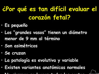 ¿Por qué es tan difícil evaluar el corazón fetal? Es pequeño Los “grandes vasos” tienen un diámetro menor de 9 mm al término Son asimétricos Se cruzan La patología es evolutiva y variable Existen variantes anatómicas normales No siempre se logran todos los cortes 