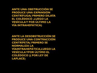 ANTE UNA OBSTRUCCIÓN SE 
PRODUCE UNA EXPANSIÓN 
CENTRÍFUGA( PRIMERO DILATA 
EL COLÉDOCO ,LUEGO LA 
VESÍCULA Y POR ÚLTIMO LA 
VÍA INTRAHEPÁTICA) 
ANTE LA DESOBSTRUCCIÓN SE 
PRODUCE UNA CONTRACCIÓN 
CENTRÍPETA( PRIMERO SE 
NORMALIZA LA 
VÍAINTRAHEPÁTICA,LUEGO LA 
VESÍCULA YPOR ÚLTIMO EL 
COLÉDOCO )( POR LEY DE 
LAPLACE) 
 