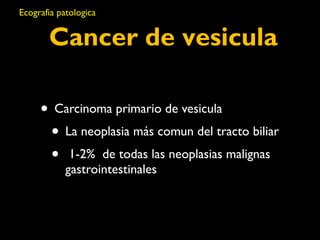 Ecografia patologica 
Cancer de vesicula 
• Carcinoma primario de vesicula 
• La neoplasia más comun del tracto biliar 
• 1-2% de todas las neoplasias malignas 
gastrointestinales 
 