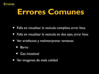 Errores Comunes 
Errores 
• Falla en visualizar la vesicula completa, errar litos 
• Falla en visualizar la vesicula en dos ejes, errar litos 
• Ver artefactos y malinterpretar ventanas 
• Barro 
• Gas intestinal 
• Ver imagenes de mala calidad 
 