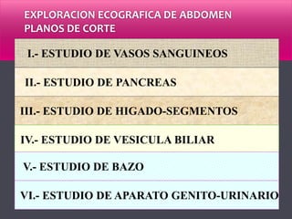 EXPLORACION ECOGRAFICA DE ABDOMEN
PLANOS DE CORTE
II.- ESTUDIO DE PANCREAS
III.- ESTUDIO DE HIGADO-SEGMENTOS
IV.- ESTUDIO DE VESICULA BILIAR
V.- ESTUDIO DE BAZO
I.- ESTUDIO DE VASOS SANGUINEOS
VI.- ESTUDIO DE APARATO GENITO-URINARIO
 