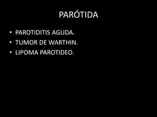 PARÓTIDA
• PAROTIDITIS AGUDA.
• TUMOR DE WARTHIN.
• LIPOMA PAROTIDEO.
 