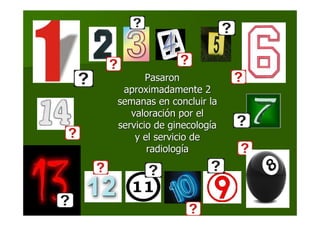 PasaronPasaron
aproximadamente 2aproximadamente 2
semanas en concluir lasemanas en concluir la
valoracivaloracióón por eln por el
servicio de ginecologservicio de ginecologííaa
y el servicio dey el servicio de
radiologradiologííaa
 