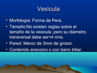 VesìculaVesìcula
• Morfologìa: Forma de Pera.
• Tamaño:No existen reglas sobre el
tamaño de la vesicula ,pero su diàmetro
transversal debe ser<4 cms.
• Pared: Menor de 3mm de grosor.
• Contenido anecoico o con barro biliar.
 