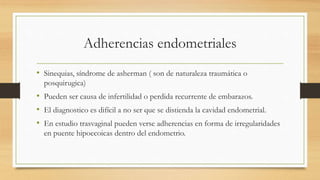 Adherencias endometriales
• Sinequias, síndrome de asherman ( son de naturaleza traumática o
posquirugica)
• Pueden ser causa de infertilidad o perdida recurrente de embarazos.
• El diagnostico es difícil a no ser que se distienda la cavidad endometrial.
• En estudio trasvaginal pueden verse adherencias en forma de irregularidades
en puente hipoecoicas dentro del endometrio.
 