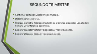 SEGUNDOTRIMESTRE
• Confirmar gestación viable única o múltiple.
• Determinar el sexo fetal.
• Realizar biometría fetal con medición de Diámetro Biparietal, Longitud de
Femur y Circunferencia abdominal.
• Explorar la anatomía fetal y diagnosticar malformaciones.
• Explorar placenta, cordón y líquido amniótico.
 