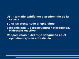 US: ↑ tamaño epidídimo a predominio de la
cabeza
50 % se afecta todo el epidídimo
Ecogenicidad ↓, ecoestructura heterogénea.
Hidrocele reactivo
Doppler color: ↑ del flujo sanguíneo en el
epidídimo y/o en el testículo
 