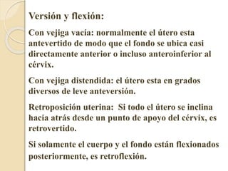 Versión y flexión: 
Con vejiga vacía: normalmente el útero esta 
antevertido de modo que el fondo se ubica casi 
directamente anterior o incluso anteroinferior al 
cérvix. 
Con vejiga distendida: el útero esta en grados 
diversos de leve anteversión. 
Retroposición uterina: Si todo el útero se inclina 
hacia atrás desde un punto de apoyo del cérvix, es 
retrovertido. 
Si solamente el cuerpo y el fondo están flexionados 
posteriormente, es retroflexión. 
 
