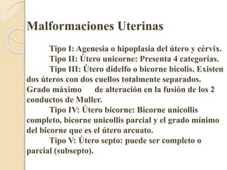 Malformaciones Uterinas 
Tipo I: Agenesia o hipoplasia del útero y cérvix. 
Tipo II: Útero unicorne: Presenta 4 categorías. 
Tipo III: Útero didelfo o bicorne bicolis. Existen 
dos úteros con dos cuellos totalmente separados. 
Grado máximo de alteración en la fusión de los 2 
conductos de Muller. 
Tipo IV: Útero bicorne: Bicorne unicollis 
completo, bicorne unicollis parcial y el grado mínimo 
del bicorne que es el útero arcuato. 
Tipo V: Útero septo: puede ser completo o 
parcial (subsepto). 
 