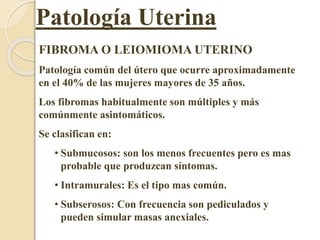 Patología Uterina 
FIBROMA O LEIOMIOMA UTERINO 
Patología común del útero que ocurre aproximadamente 
en el 40% de las mujeres mayores de 35 años. 
Los fibromas habitualmente son múltiples y más 
comúnmente asintomáticos. 
Se clasifican en: 
• Submucosos: son los menos frecuentes pero es mas 
probable que produzcan síntomas. 
• Intramurales: Es el tipo mas común. 
• Subserosos: Con frecuencia son pediculados y 
pueden simular masas anexiales. 
 