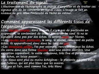 Le traitement du signal:
L'électronique de l'échographe se charge d'amplifier et de traiter ces
signaux afin de les convertir en signal vidéo. L'image se fait en
niveaux de gris selon l'intensité de l'écho en retour.
Comment apparaissent les différents tissus de
l'organisme?
Les liquides simples, dans lesquels il n'y a pas de particules en
suspension, se contentent de laisser traverser les sons. Ils ne se
signalent donc pas par des échos. Ils seront noirs sur l'écran.
Les liquides avec particules, le sang, le mucus, renvoient de petits
échos. Ils apparaîtront donc dans les tons de gris.
Les structures solides, l'os par exemple, renvoient mieux les échos.
On verra donc une forme blanche avec une ombre derrière. Une
exception cependant, la voûte crânienne, très fine et perpendiculaire
aux échos, en laisse passer.
Les tissus sont plus ou moins échogènes : le placenta est plus blanc
que l'utérus, qui est plus blanc que les ovaires.
Le gaz et l’air, sont comme l'os, très blanc
 