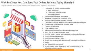 C-Square | ECOGREEEN
With EcoGreen You Can Start Your Online Business Today, Literally !
“If your business is not on the internet, then your business will be out of business”
1. Compatible for various business models
a. Own warehouse
b. Third party managed stores
c. Market Aggregator
2. Flexibility for integration. Ready APIs
3. Marketing, promotion & conversion tools
4. Integration with multiple payment gateway
5. Complete accounting & reconciliation with online payment agent
6. Delivery rates table based on shopping value
7. Coupons & Discounts
8. Order tracking status
9. Statutory requirement for schedule / narcotics drugs
10. Stock look up in neighbourhood store
11. Pin code based / nearest pharmacy selection for order fulfilment
12. Drug license expiry validation
13. Integration with delivery agent
14. Refund process along with accounting & inventory reconciliation
15. Wallet
16. 360° Operational dashboards
17. U-code (Ready to use drug names with composition, price &
substitute products details)
7
 
