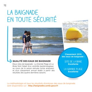 La méthodologie et tous les résultats d’analyses des eaux de baignade
sont disponibles sur : http://baignades.sante.gouv.fr
La baignade
en toute sécurité
QUALITÉ DES EAUX DE BAIGNADE
Deux sites de baignade : La Grande Plage et La
Braie font l’objet d’un contrôle bactériologique
au cours de la saison estivale (onze analyses)
et d’un classement annuel établi à partir des
résultats des quatre dernières saisons.
12
Classement 2015
des eaux de baignade :
Site de la Braie
Excellente
la grande plage
Excellente
 