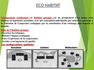 Groupement résidentiel ou habitat groupé: est un groupement d’au moins trois
maisons ou logements assemblés, avec une conception individuelle que collective, participe à
la réduction de l’empreinte écologique par la constitution d’un voisinage plus humain et
durable.
Rôle de l’habitat groupé:
-Favoriser les échanges.
-Réduire l'impact écologique.
-Faire l'expérience de la coopération .
-Accéder à un logement de qualité.
Les configurations spatiales:
Annulaire Linéaire Moléculaire
ECO HABITAT
 