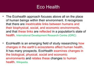 Ecohealth perspectives: From Ecohealth theory to practice (case studies)