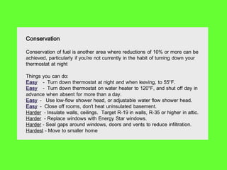 Conservation

Conservation of fuel is another area where reductions of 10% or more can be
achieved, particularly if you're not currently in the habit of turning down your
thermostat at night

Things you can do:
Easy - Turn down thermostat at night and when leaving, to 55°F.
Easy - Turn down thermostat on water heater to 120°F, and shut off day in
advance when absent for more than a day.
Easy - Use low-flow shower head, or adjustable water flow shower head.
Easy - Close off rooms, don't heat uninsulated basement.
Harder - Insulate walls, ceilings. Target R-19 in walls, R-35 or higher in attic.
Harder - Replace windows with Energy Star windows.
Harder - Seal gaps around windows, doors and vents to reduce infiltration.
Hardest - Move to smaller home
 