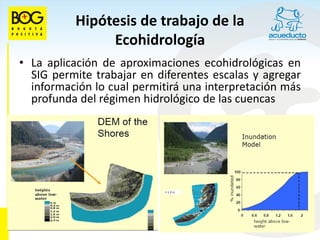 Hipótesis de trabajo de la
               Ecohidrología
• La aplicación de aproximaciones ecohidrológicas en
  SIG permite trabajar en diferentes escalas y agregar
  información lo cual permitirá una interpretación más
  profunda del régimen hidrológico de las cuencas
 