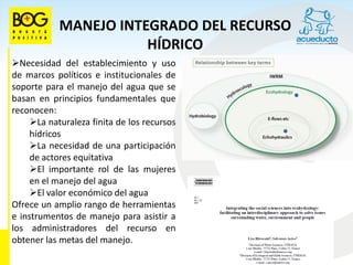 MANEJO INTEGRADO DEL RECURSO
                       HÍDRICO
Necesidad del establecimiento y uso
de marcos políticos e institucionales de
soporte para el manejo del agua que se
basan en principios fundamentales que
reconocen:
     La naturaleza finita de los recursos
     hídricos
     La necesidad de una participación
     de actores equitativa
     El importante rol de las mujeres
     en el manejo del agua
     El valor económico del agua
Ofrece un amplio rango de herramientas
e instrumentos de manejo para asistir a
los administradores del recurso en
obtener las metas del manejo.
 