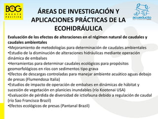ÁREAS DE INVESTIGACIÓN Y
            APLICACIONES PRÁCTICAS DE LA
                   ECOHIDRÁULICA
Evaluación de los efectos de alteraciones en el régimen natural de caudales y
caudales ambientales
•Mejoramiento de metodologías para determinación de caudales ambientales
•Estudio de la disminución de alteraciones hidráulicas mediante operación
dinámica de embalses
•Herramientas para determinar caudales ecológicos para propósitos
geomorfológicos en ríos con sedimentos tipo grava
•Efectos de descargas controladas para manejar ambiente acuático aguas debajo
de presas (Flumendosa Italia)
•Estudios de impacto de operación de embalses en dinámicas de hábitat y
sucesión de vegetación en planicies inundables (río Kootenai USA)
•Evaluación de pérdida de diversidad de ictiofauna debido a regulación de caudal
(río Sao Francisco Brazil)
•Efectos ecológicos de presas (Pantanal Brazil)
 