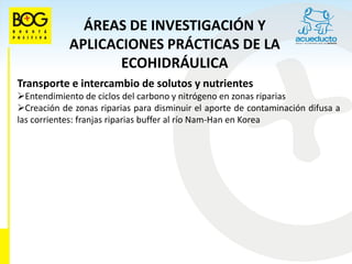 ÁREAS DE INVESTIGACIÓN Y
            APLICACIONES PRÁCTICAS DE LA
                   ECOHIDRÁULICA
Transporte e intercambio de solutos y nutrientes
Entendimiento de ciclos del carbono y nitrógeno en zonas riparias
Creación de zonas riparias para disminuir el aporte de contaminación difusa a
las corrientes: franjas riparias buffer al río Nam-Han en Korea
 